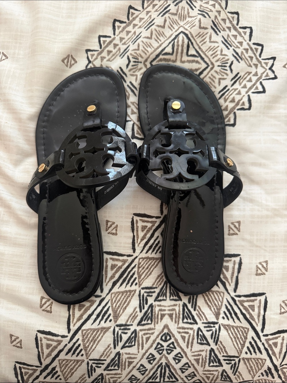 Tory Burch Black Patent Miller Logo Sandals with Gold Accents
